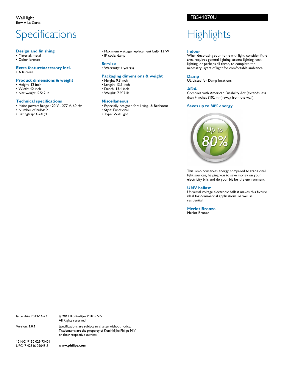 Specifications, Highlights | Philips FB541070U User Manual | Page 2 / 2