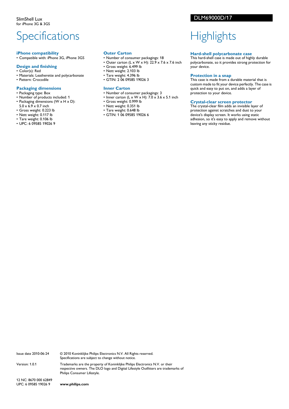 Specifications, Highlights | Philips DLM69000D-17 User Manual | Page 2 / 2