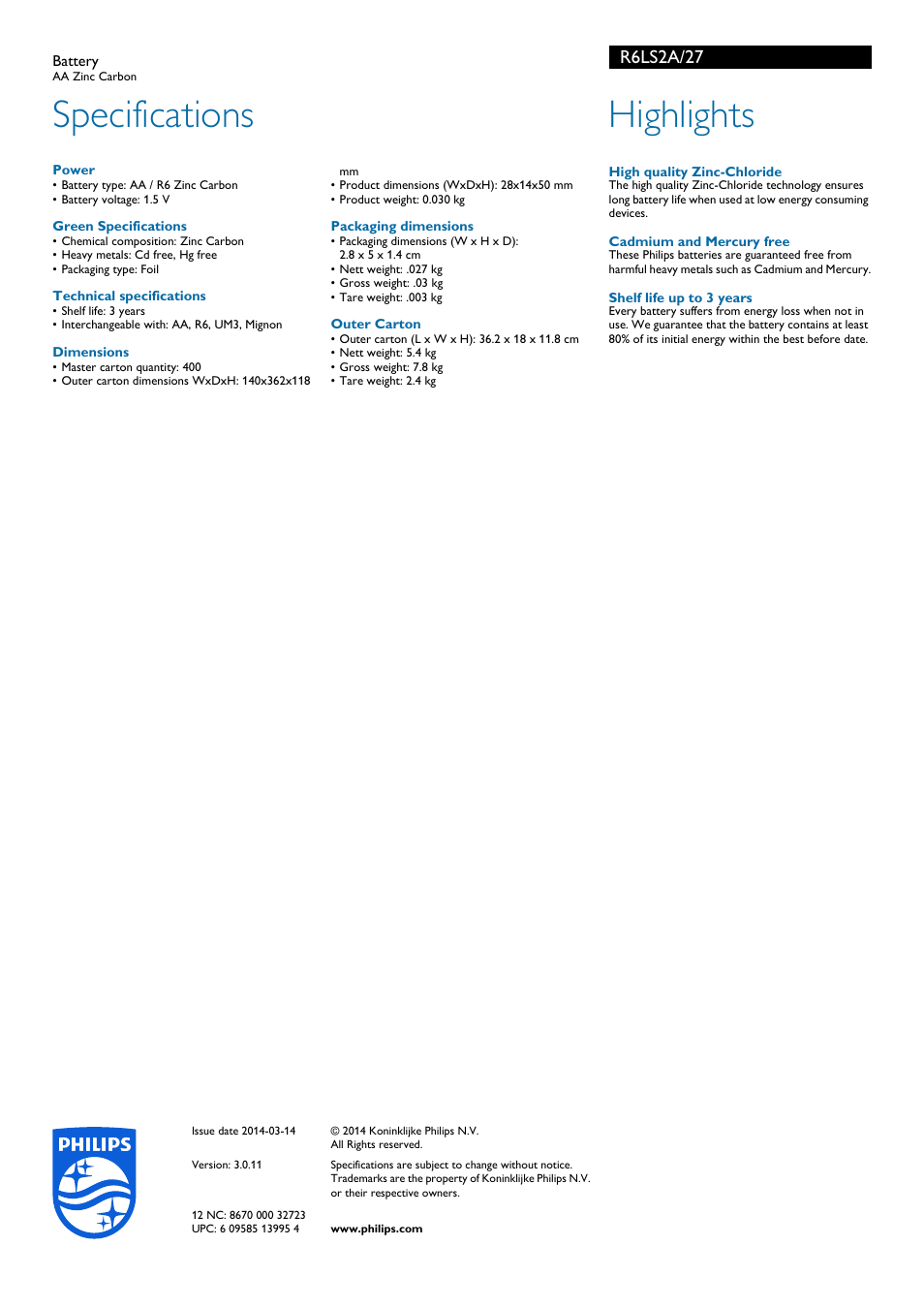 Specifications, Highlights, R6ls2a/27 | Philips R6LS2A-27 User Manual | Page 2 / 2