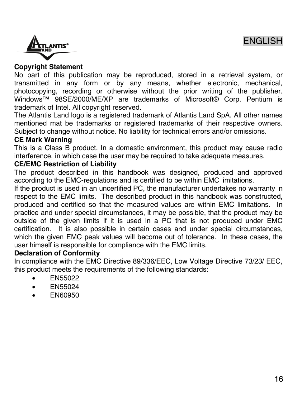 English | Atlantis Land A02-G16 User Manual | Page 15 / 42