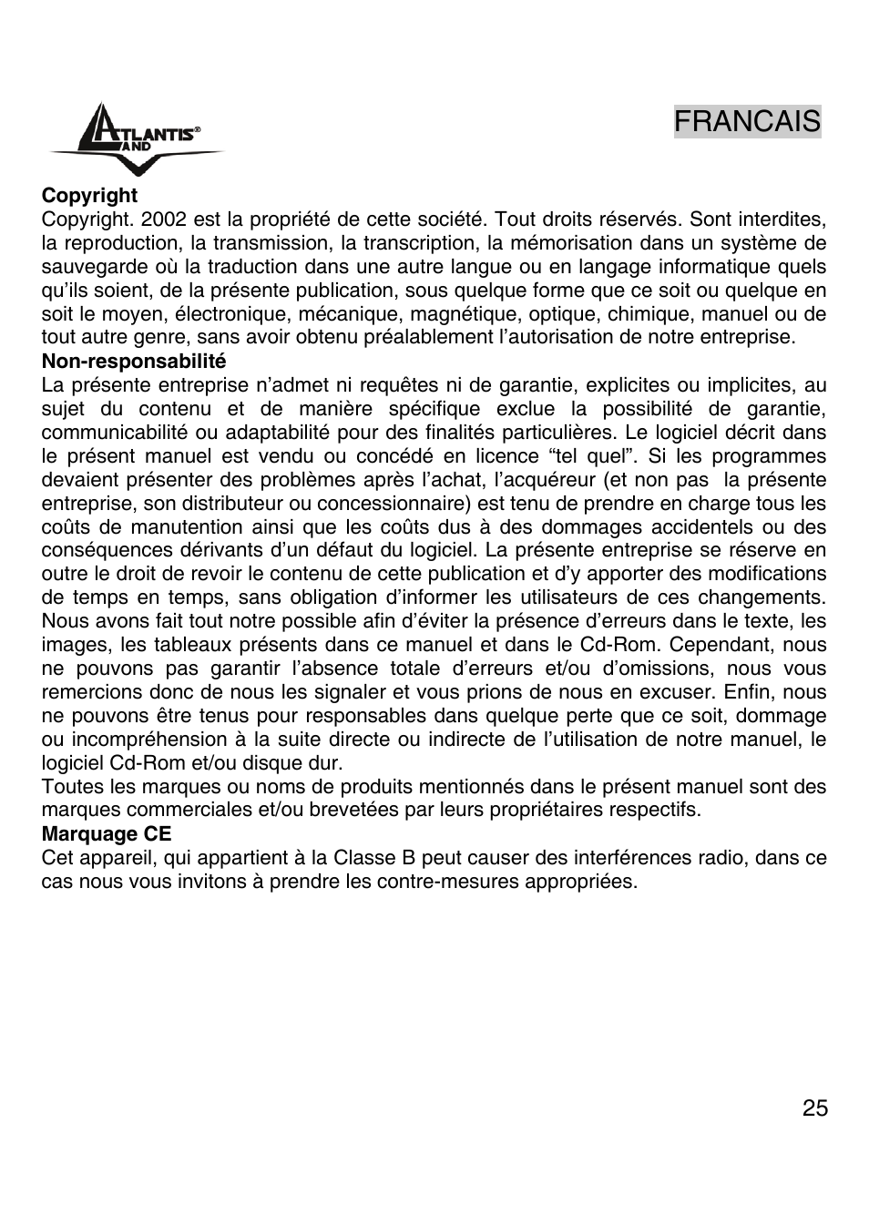 Francais | Atlantis Land A02-G16 User Manual | Page 24 / 42