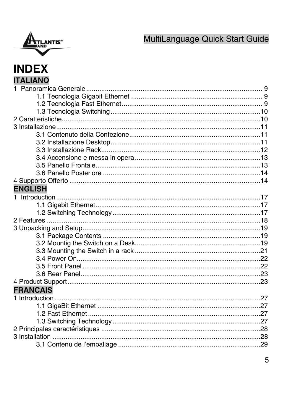 Index, Multilanguage quick start guide | Atlantis Land A02-G16 User Manual | Page 4 / 42