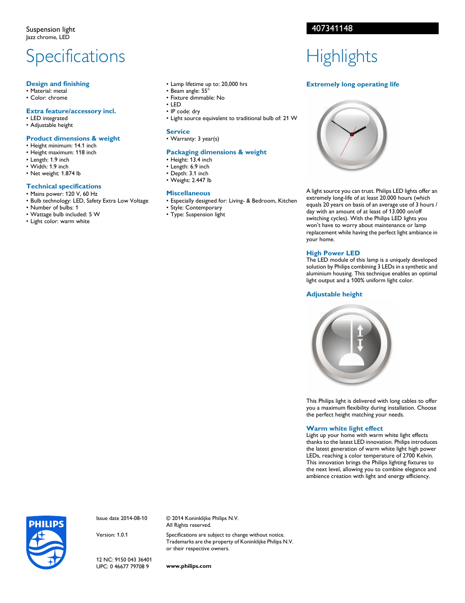 Specifications, Highlights | Philips 407341148 User Manual | Page 2 / 2