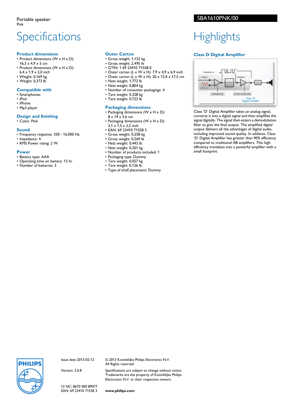 Specifications, Highlights | Philips SBA1610PNK-00 User Manual | Page 2 / 2