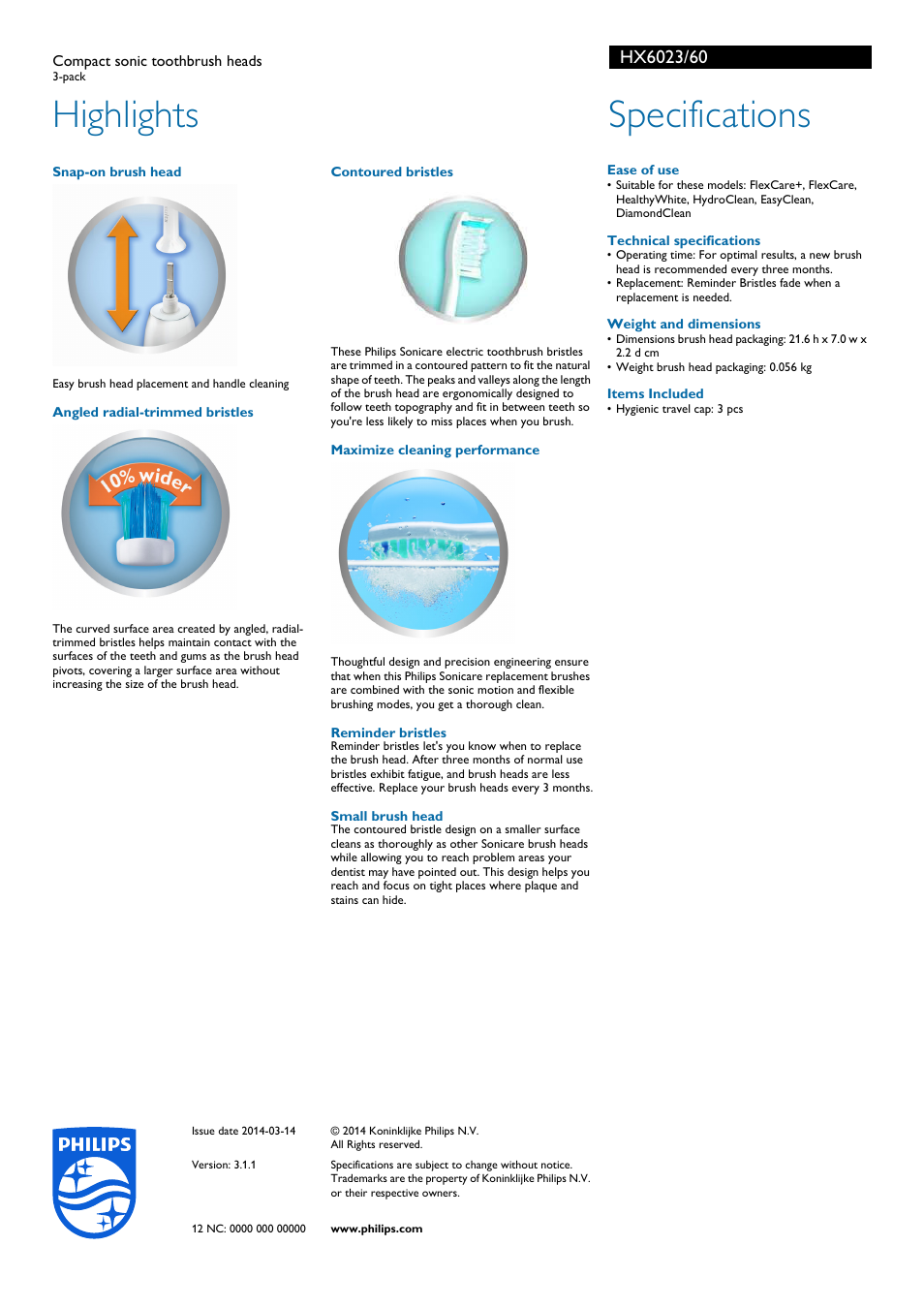 Highlights, Specifications | Philips HX6023-60 User Manual | Page 2 / 2