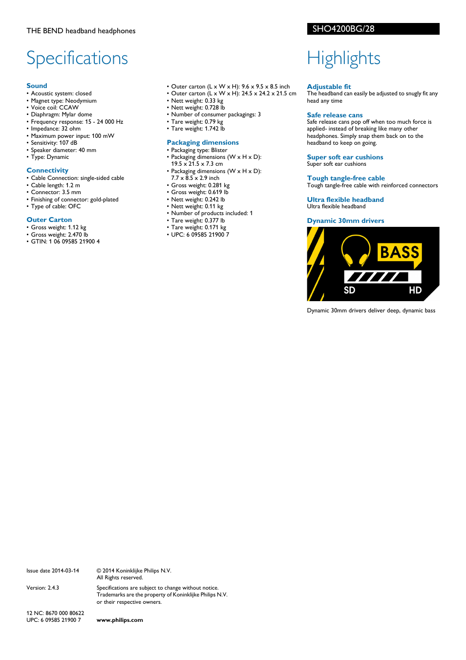 Specifications, Highlights | Philips SHO4200BG-28 User Manual | Page 2 / 2