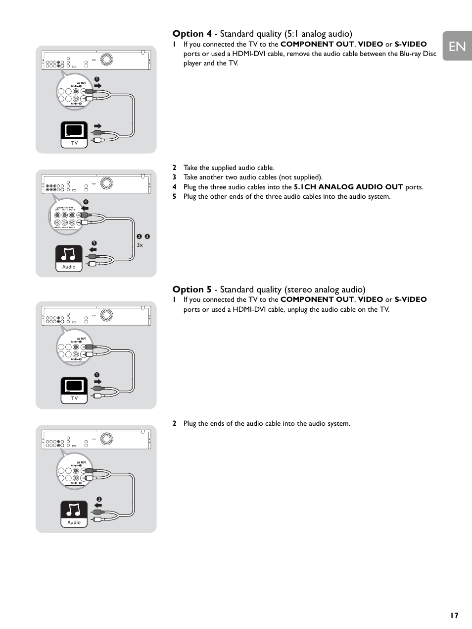 Option 4 - standard quality (5:1 analog audio), Option 5 - standard quality (stereo analog audio) | Philips BDP9000-37E User Manual | Page 17 / 69