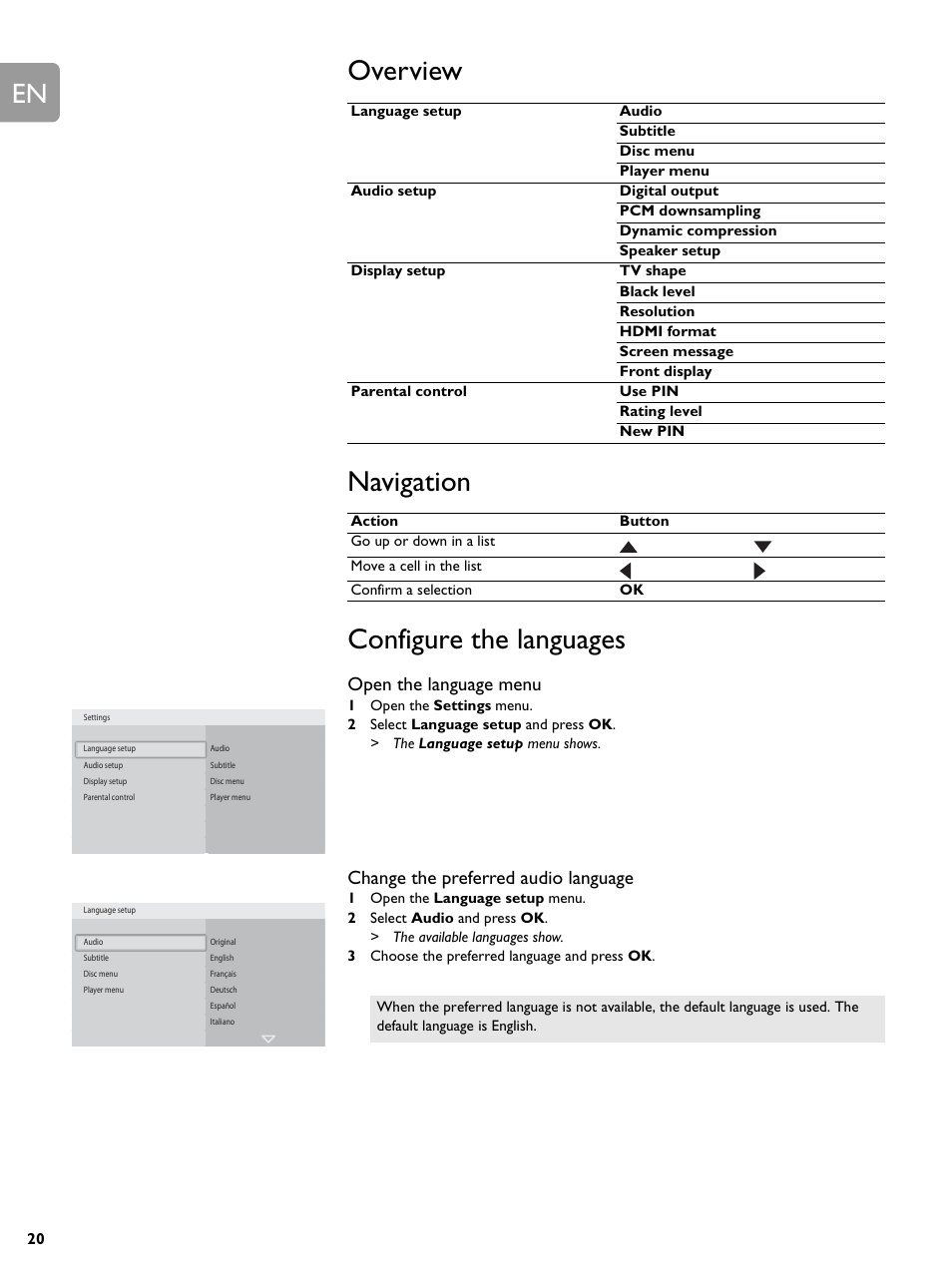 Overview, Navigation, Configure the languages | Open the language menu, Change the preferred audio language | Philips BDP9000-37E User Manual | Page 20 / 69