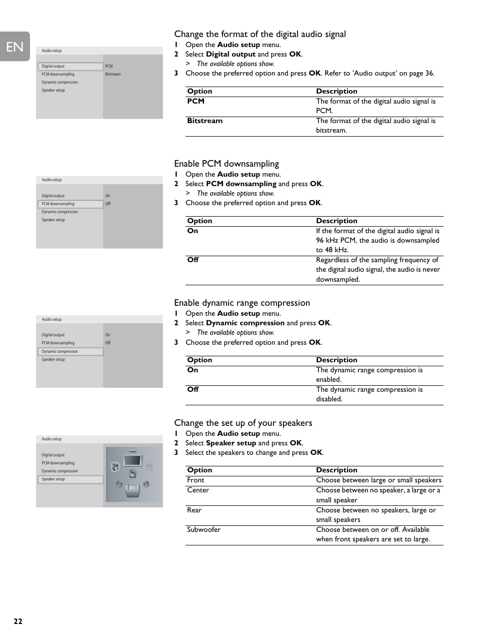 Change the format of the digital audio signal, Enable pcm downsampling, Enable dynamic range compression | Change the set up of your speakers | Philips BDP9000-37E User Manual | Page 22 / 69