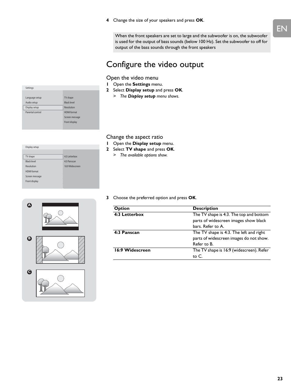 Configure the video output, Open the video menu, Change the aspect ratio | Philips BDP9000-37E User Manual | Page 23 / 69