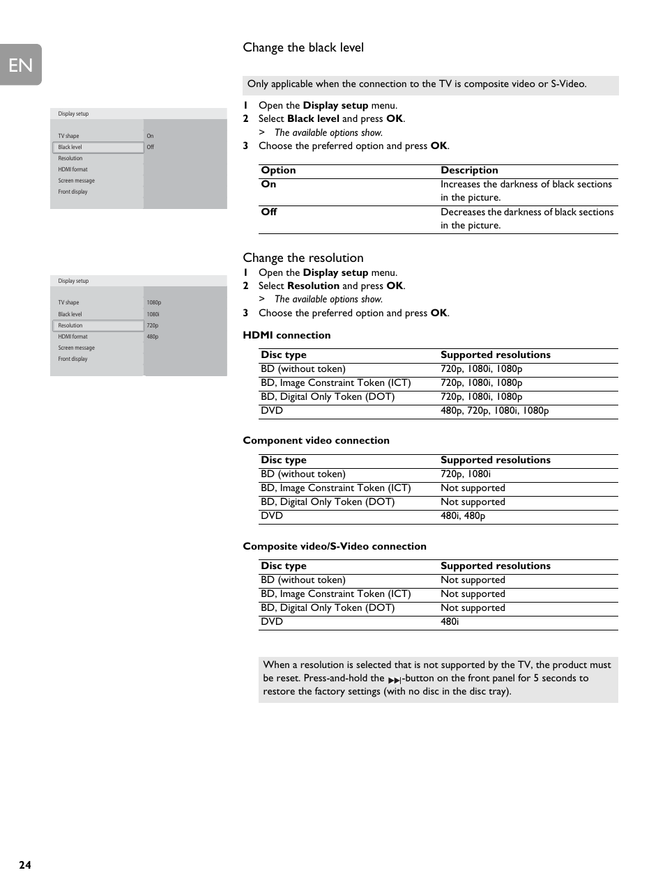 Change the black level, Change the resolution | Philips BDP9000-37E User Manual | Page 24 / 69