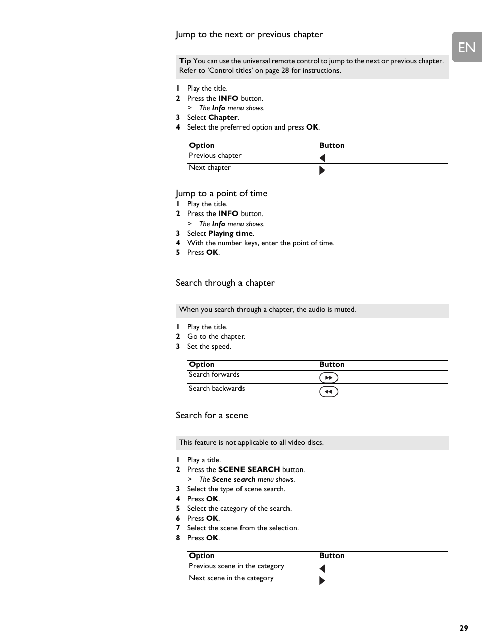 Jump to the next or previous chapter, Jump to a point of time, Search through a chapter | Search for a scene | Philips BDP9000-37E User Manual | Page 29 / 69