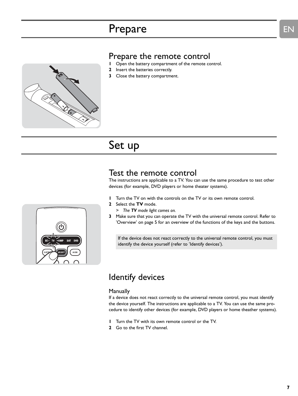 Prepare, Set up, Prepare the remote control | Test the remote control, Identify devices | Philips BDP9000-37E User Manual | Page 50 / 69