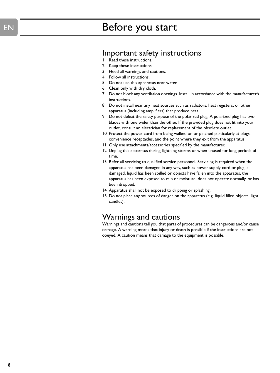 Before you start, Important safety instructions, Warnings and cautions | Philips BDP9000-37E User Manual | Page 8 / 69