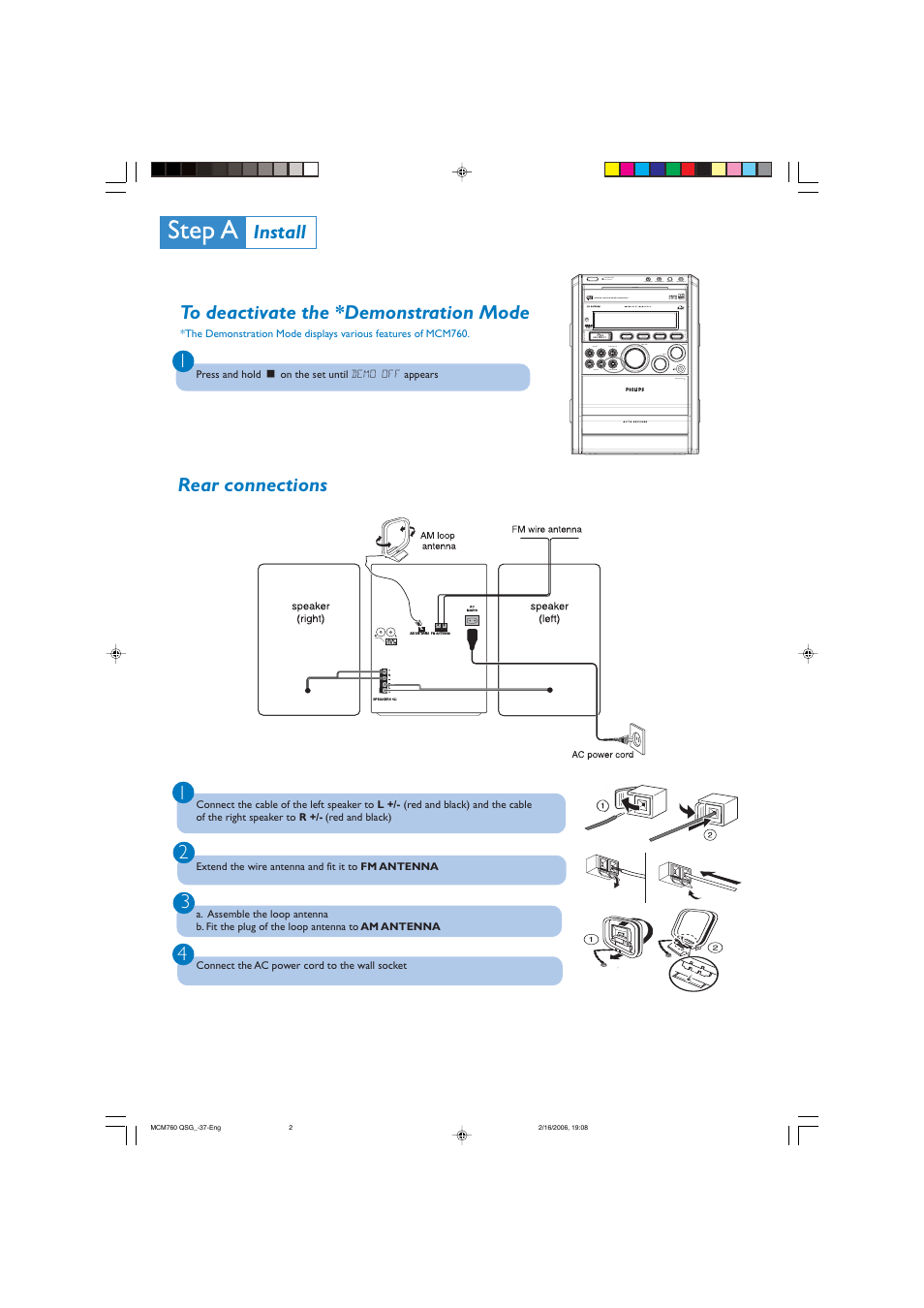 2install 1 rear connections 3 | Philips Micro Hi-Fi System MCM760 MP3-WMA-CD playback User Manual | Page 2 / 6