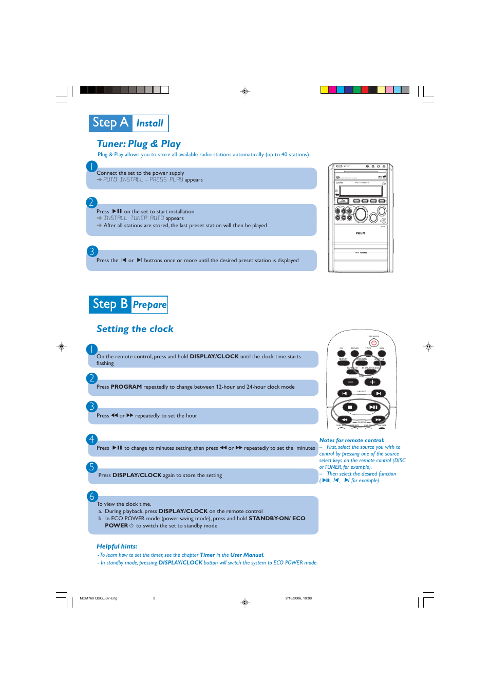 Tuner: plug & play 2, Install, Prepare 3 | Philips Micro Hi-Fi System MCM760 MP3-WMA-CD playback User Manual | Page 3 / 6