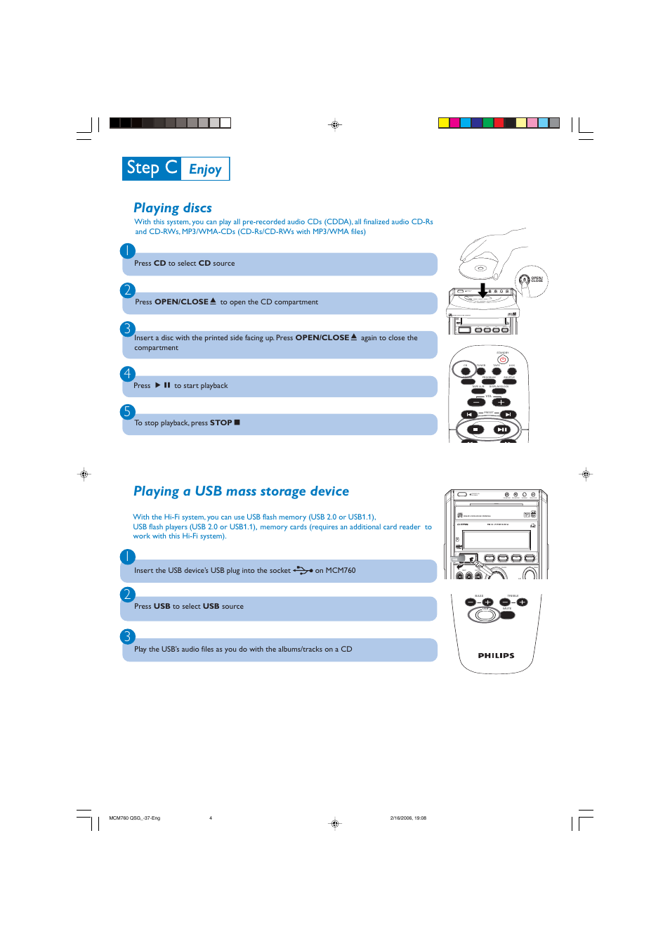 Playing a usb mass storage device, Wma-mp3-cd/cd-r/cd-rw compatible, Eco power | Philips Micro Hi-Fi System MCM760 MP3-WMA-CD playback User Manual | Page 4 / 6