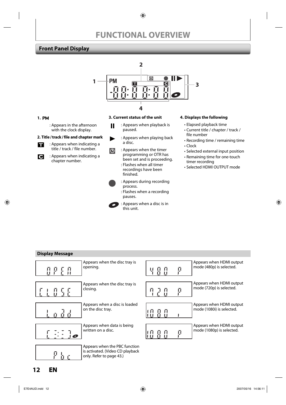 Functional overview, 12 en 12 en, Front panel display | Philips DVDR3475-37 User Manual | Page 12 / 96