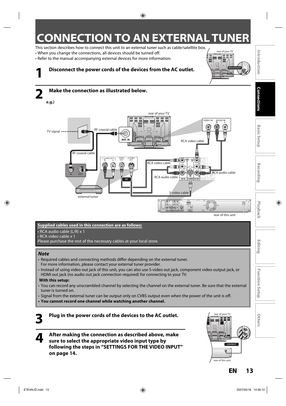 Connection to an external tuner, 13 en, Make the connection as illustrated below | Video out, E.g.), Out video out y pr/cr pb/cb, Video in, Coaxial hdmi out | Philips DVDR3475-37 User Manual | Page 13 / 96