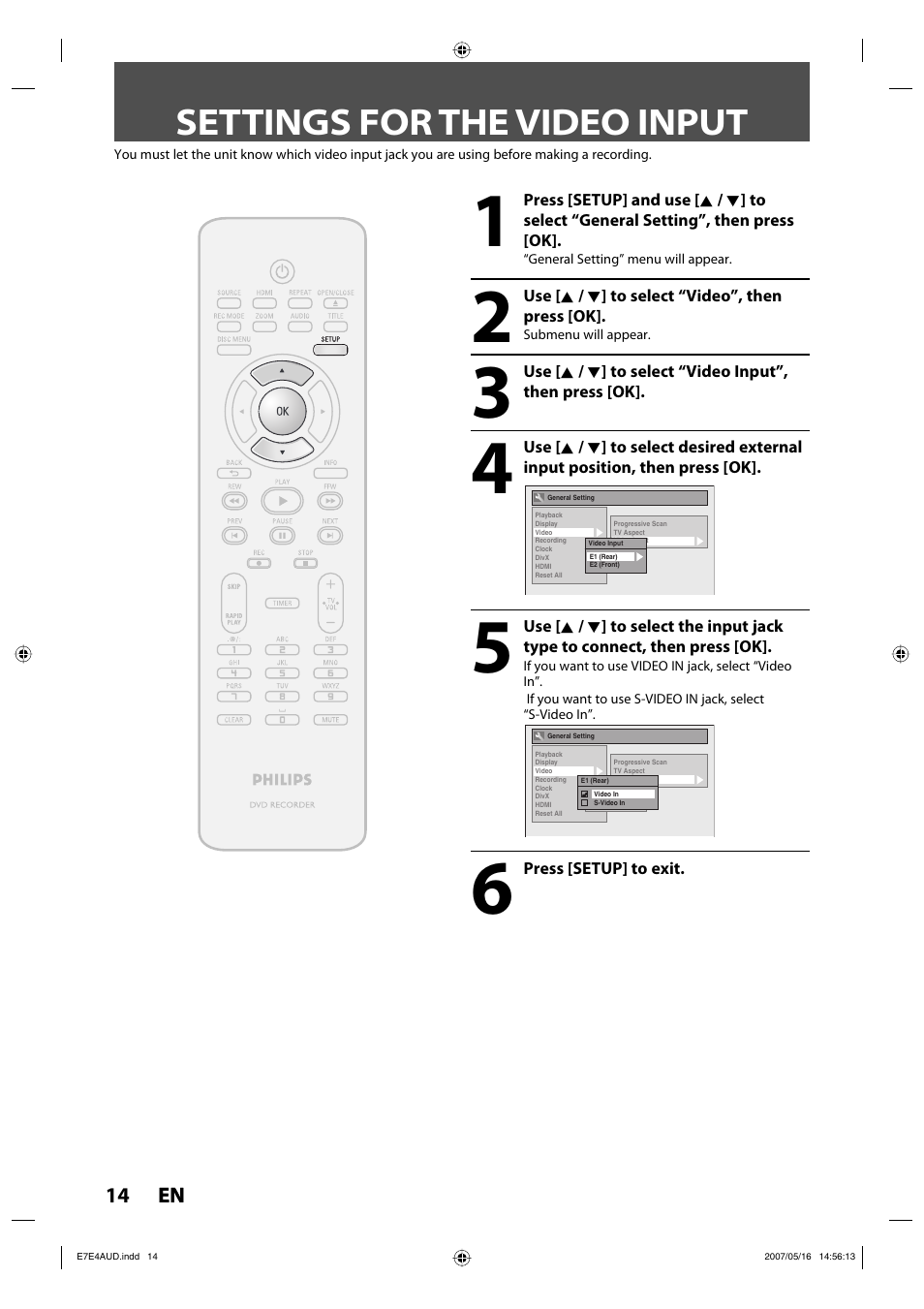 Settings for the video input | Philips DVDR3475-37 User Manual | Page 14 / 96