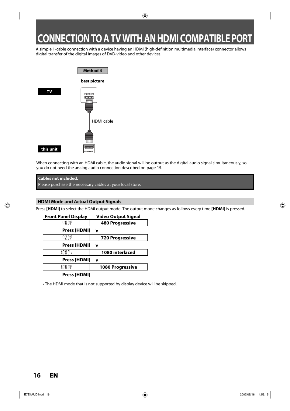 Connection to a tv with an hdmi compatible port, 16 en 16 en | Philips DVDR3475-37 User Manual | Page 16 / 96