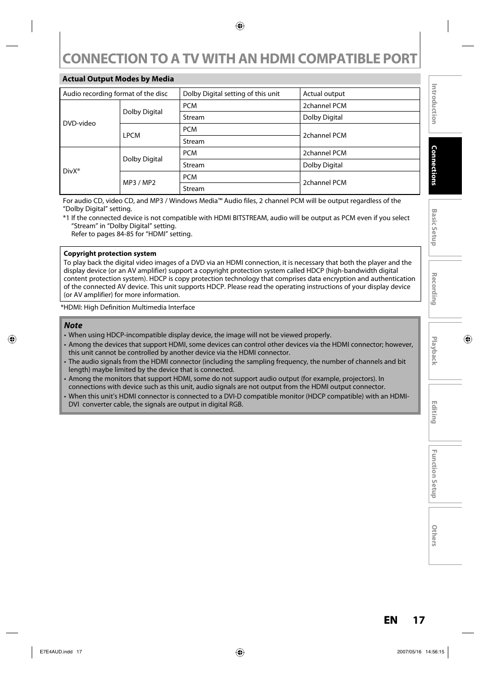 Connection to a tv with an hdmi compatible port, 17 en | Philips DVDR3475-37 User Manual | Page 17 / 96