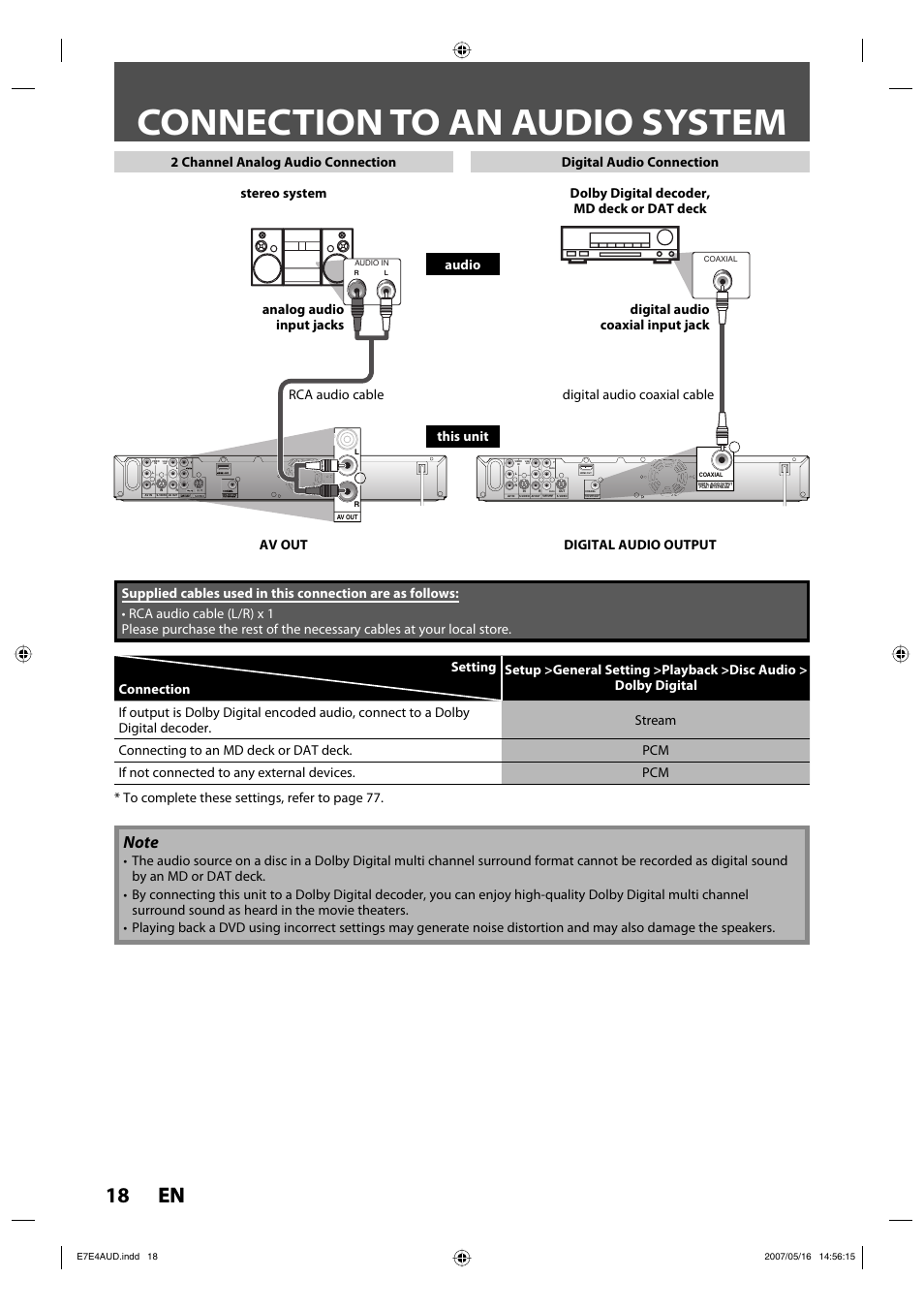 Connection to an audio system, 18 en 18 en, Digital audio output pcm / bitstream | Philips DVDR3475-37 User Manual | Page 18 / 96
