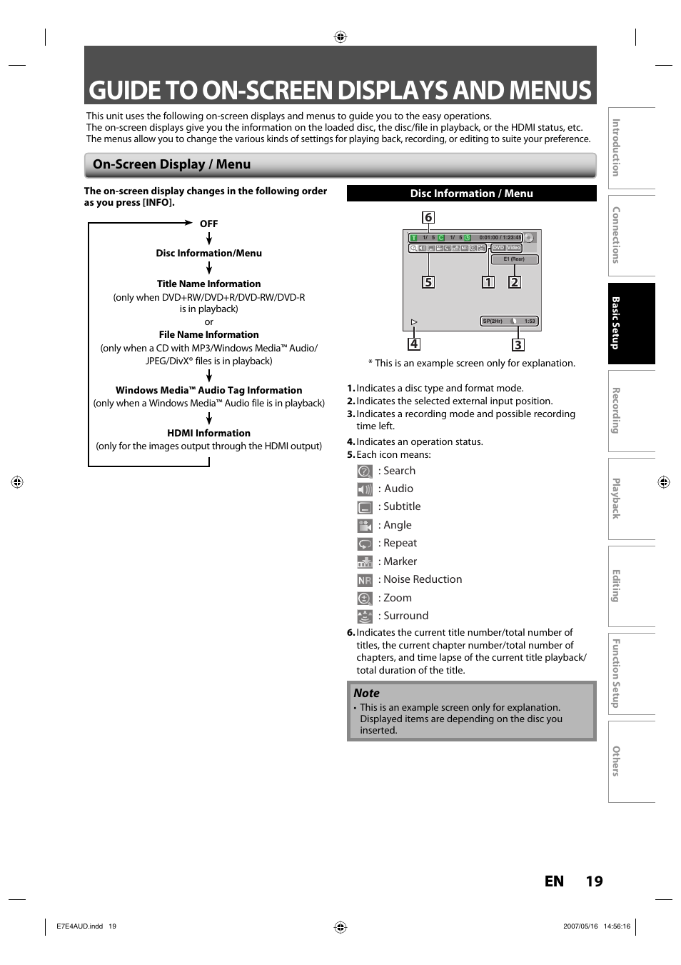 Guide to on-screen displays and menus, 19 en, On-screen display / menu | Philips DVDR3475-37 User Manual | Page 19 / 96