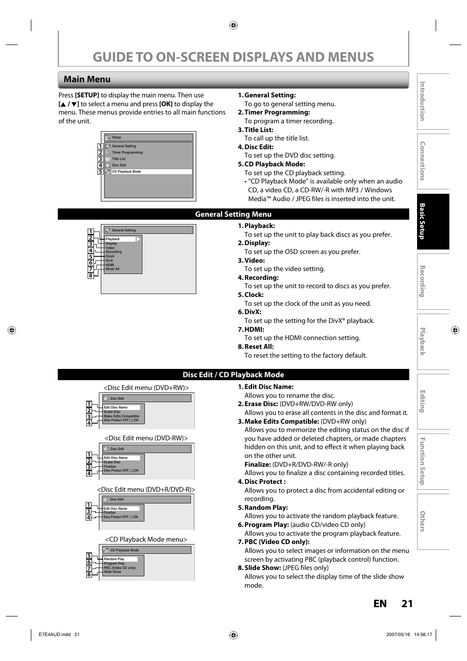 Guide to on-screen displays and menus, 21 en, Main menu | Disc edit / cd playback mode, General setting menu | Philips DVDR3475-37 User Manual | Page 21 / 96