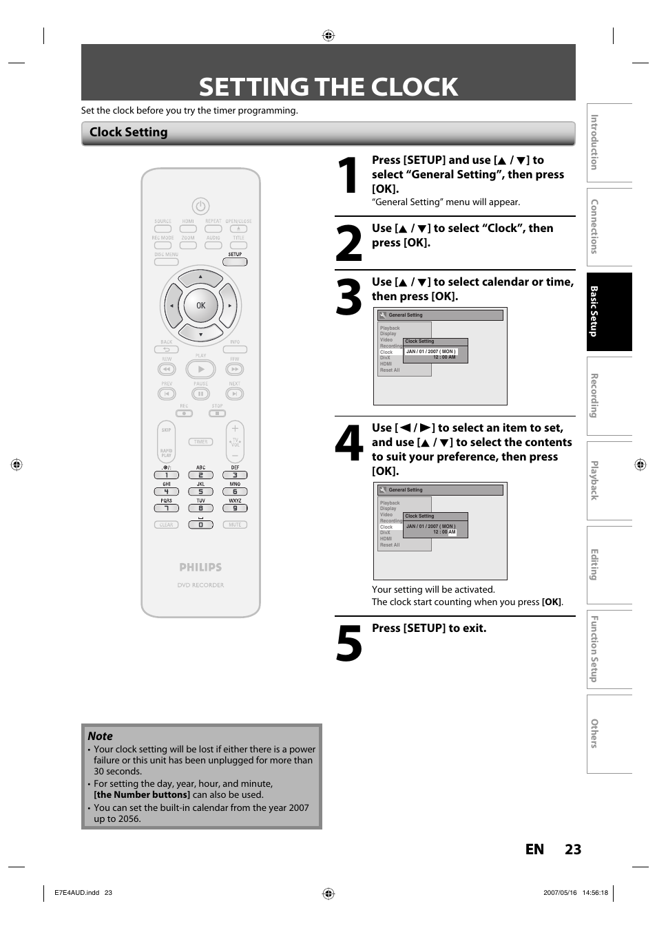 Setting the clock | Philips DVDR3475-37 User Manual | Page 23 / 96