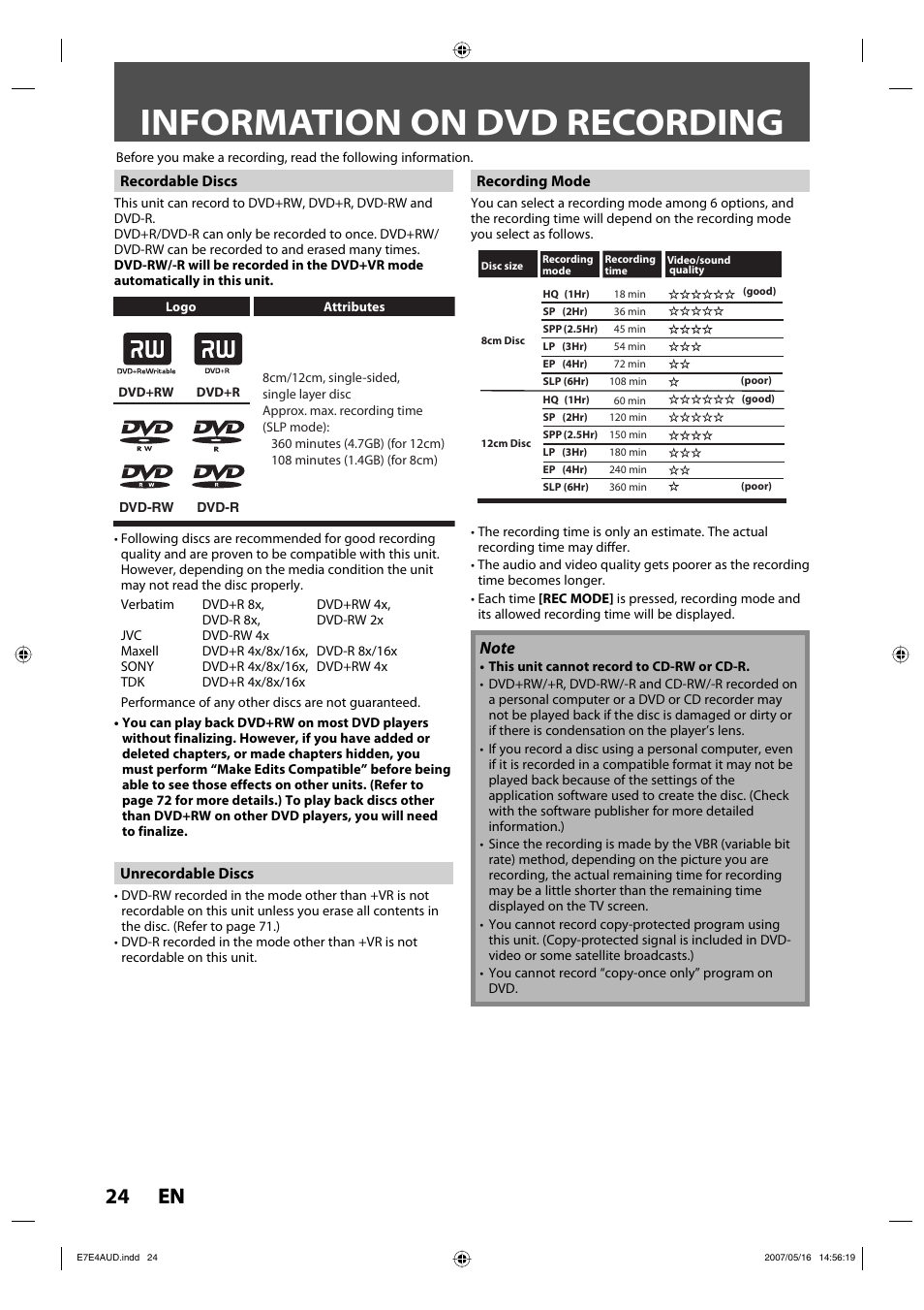 Information on dvd recording, 24 en 24 en | Philips DVDR3475-37 User Manual | Page 24 / 96