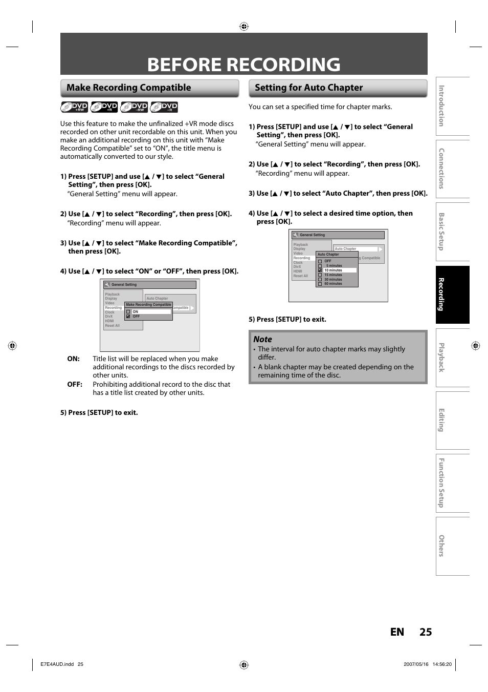 Before recording, 25 en, Make recording compatible setting for auto chapter | Philips DVDR3475-37 User Manual | Page 25 / 96