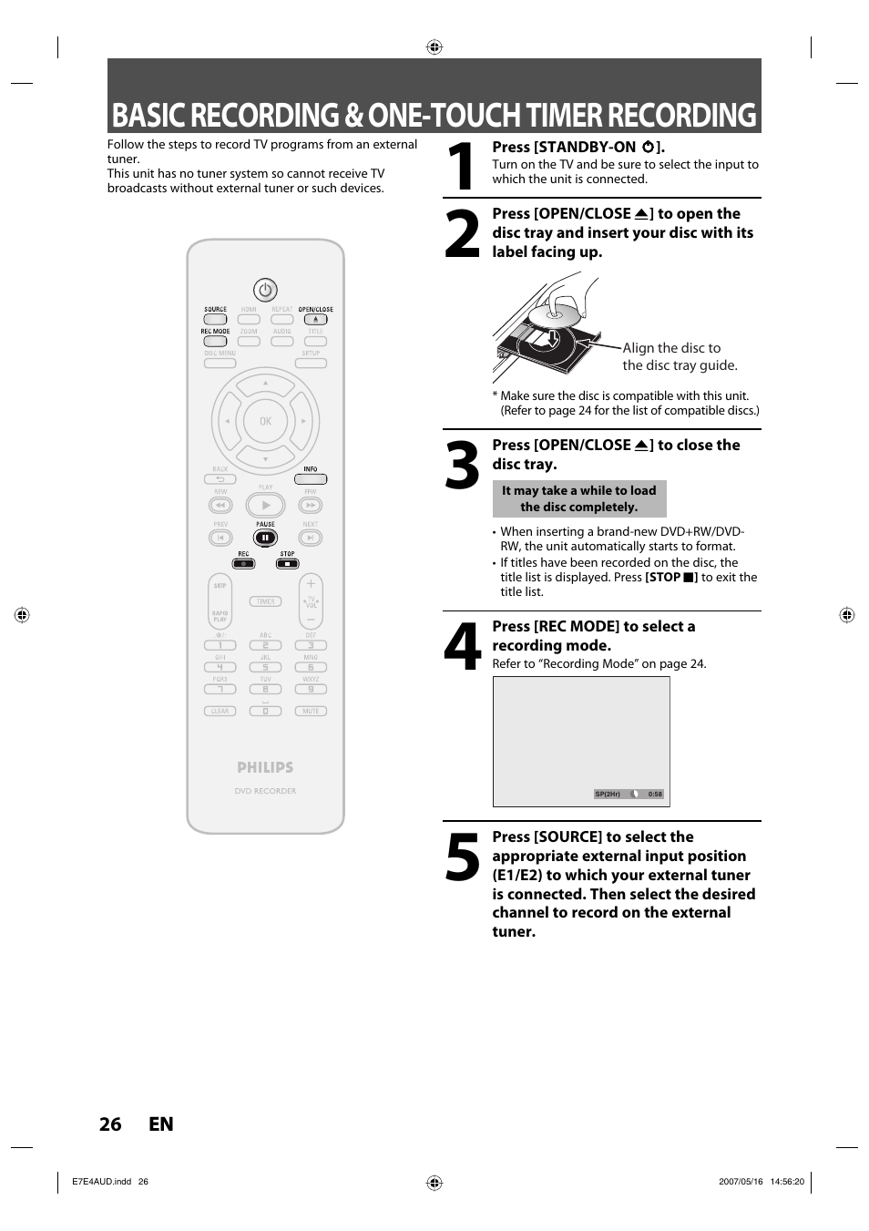 Basic recording & one-touch timer recording | Philips DVDR3475-37 User Manual | Page 26 / 96