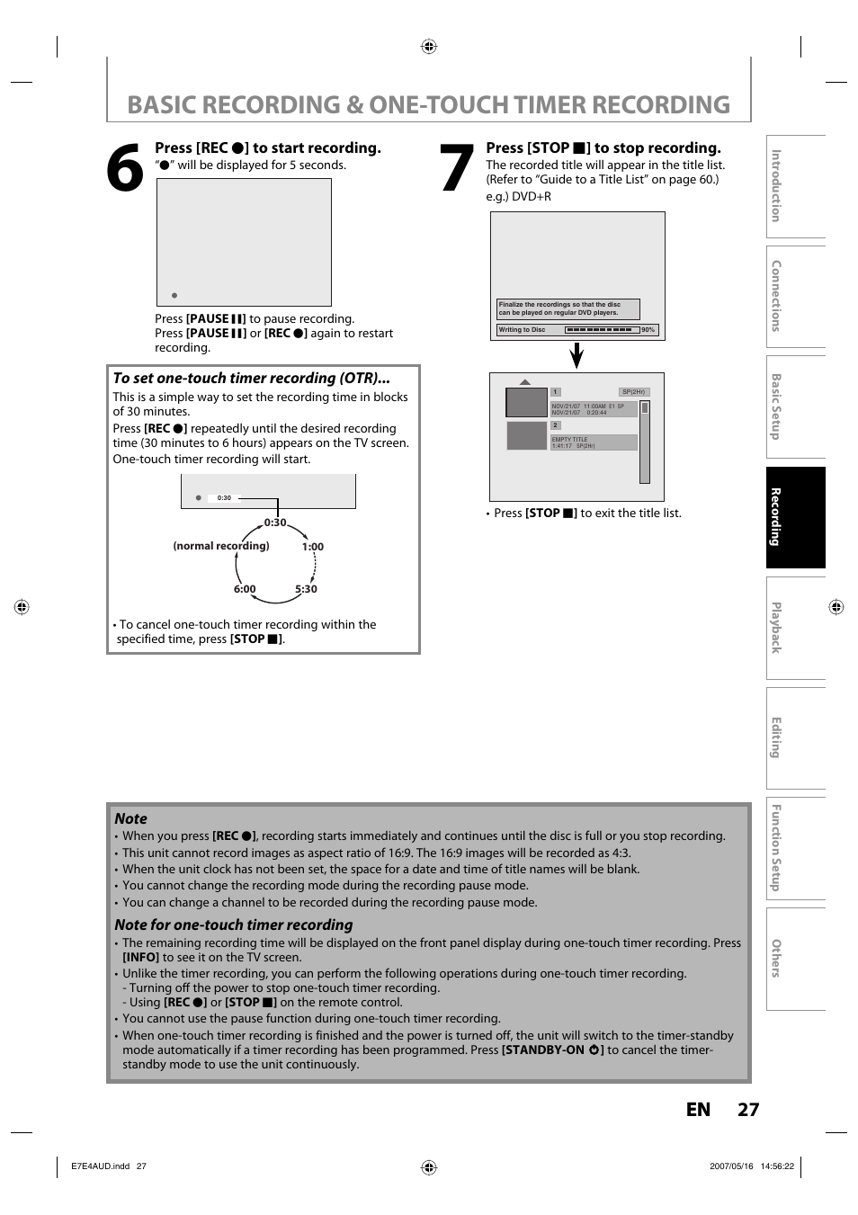 Basic recording & one-touch timer recording, 27 en | Philips DVDR3475-37 User Manual | Page 27 / 96