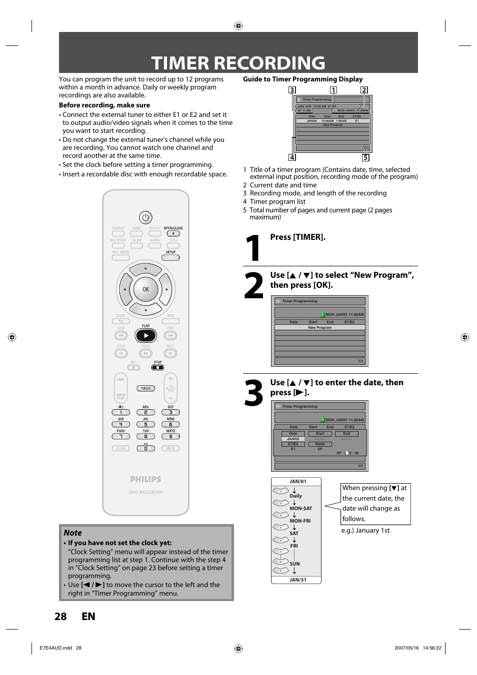 Timer recording, 28 en 28 en, Press [timer | Use [ k / l ] to enter the date, then press [ b | Philips DVDR3475-37 User Manual | Page 28 / 96