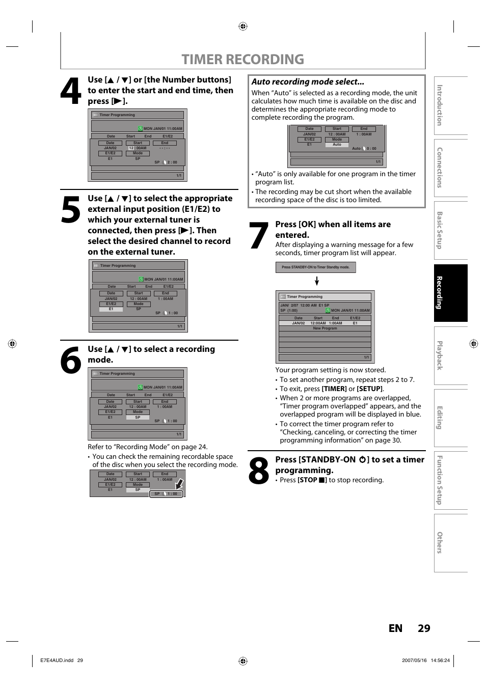Timer recording, 29 en, Use [ k / l ] to select a recording mode | Press [ok] when all items are entered, Press [standby-on y y ] to set a timer programming, Auto recording mode select | Philips DVDR3475-37 User Manual | Page 29 / 96