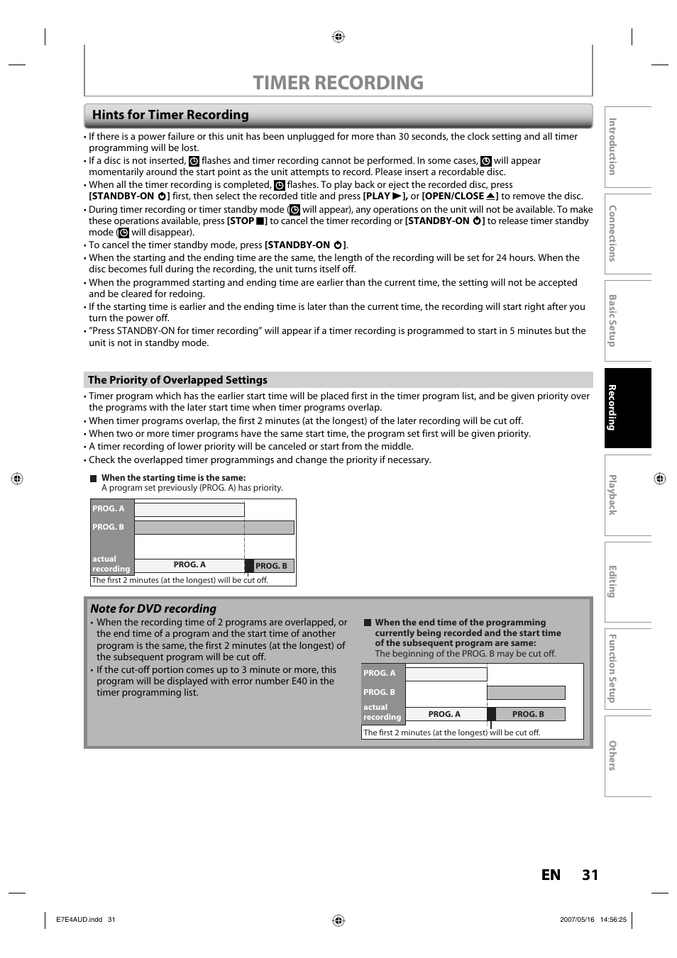 Timer recording, 31 en, Hints for timer recording | Philips DVDR3475-37 User Manual | Page 31 / 96