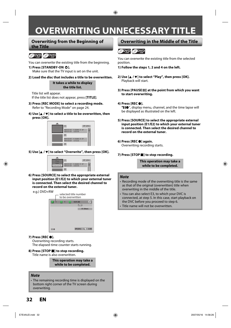 Overwriting unnecessary title, 32 en 32 en, Overwriting from the beginning of the title | Overwriting in the middle of the title | Philips DVDR3475-37 User Manual | Page 32 / 96