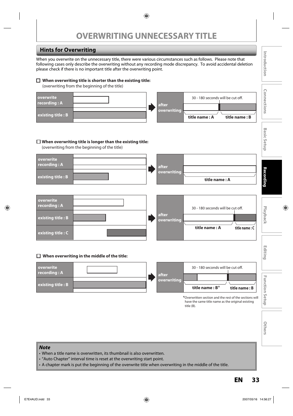 Overwriting unnecessary title, 33 en, Hints for overwriting | Philips DVDR3475-37 User Manual | Page 33 / 96