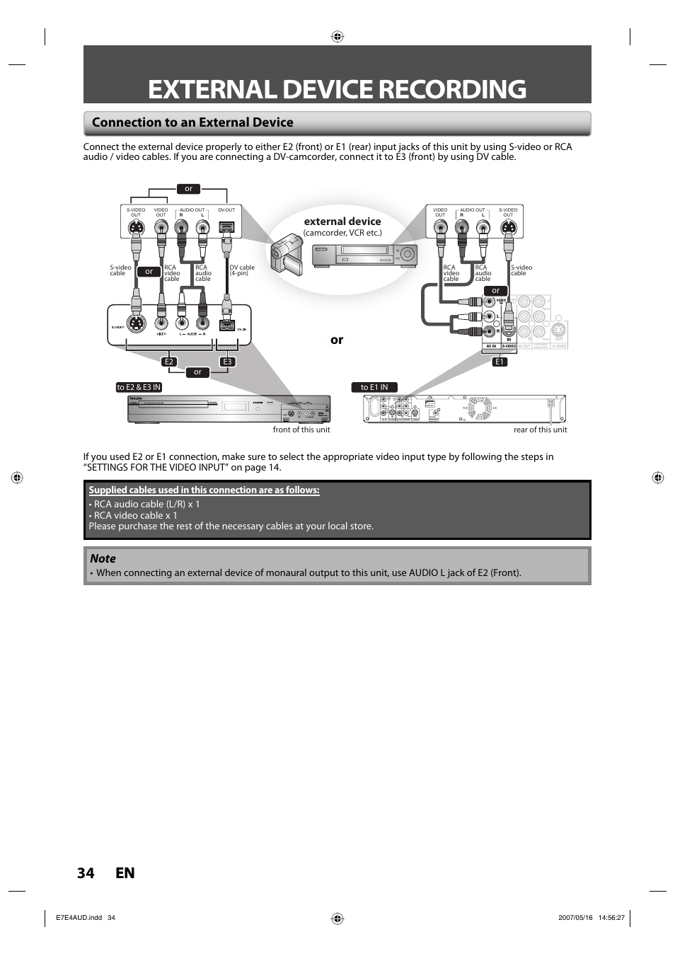External device recording, 34 en 34 en, Connection to an external device | External device, Video out, Front of this unit rear of this unit, Or to e1 in, Camcorder, vcr etc.) | Philips DVDR3475-37 User Manual | Page 34 / 96