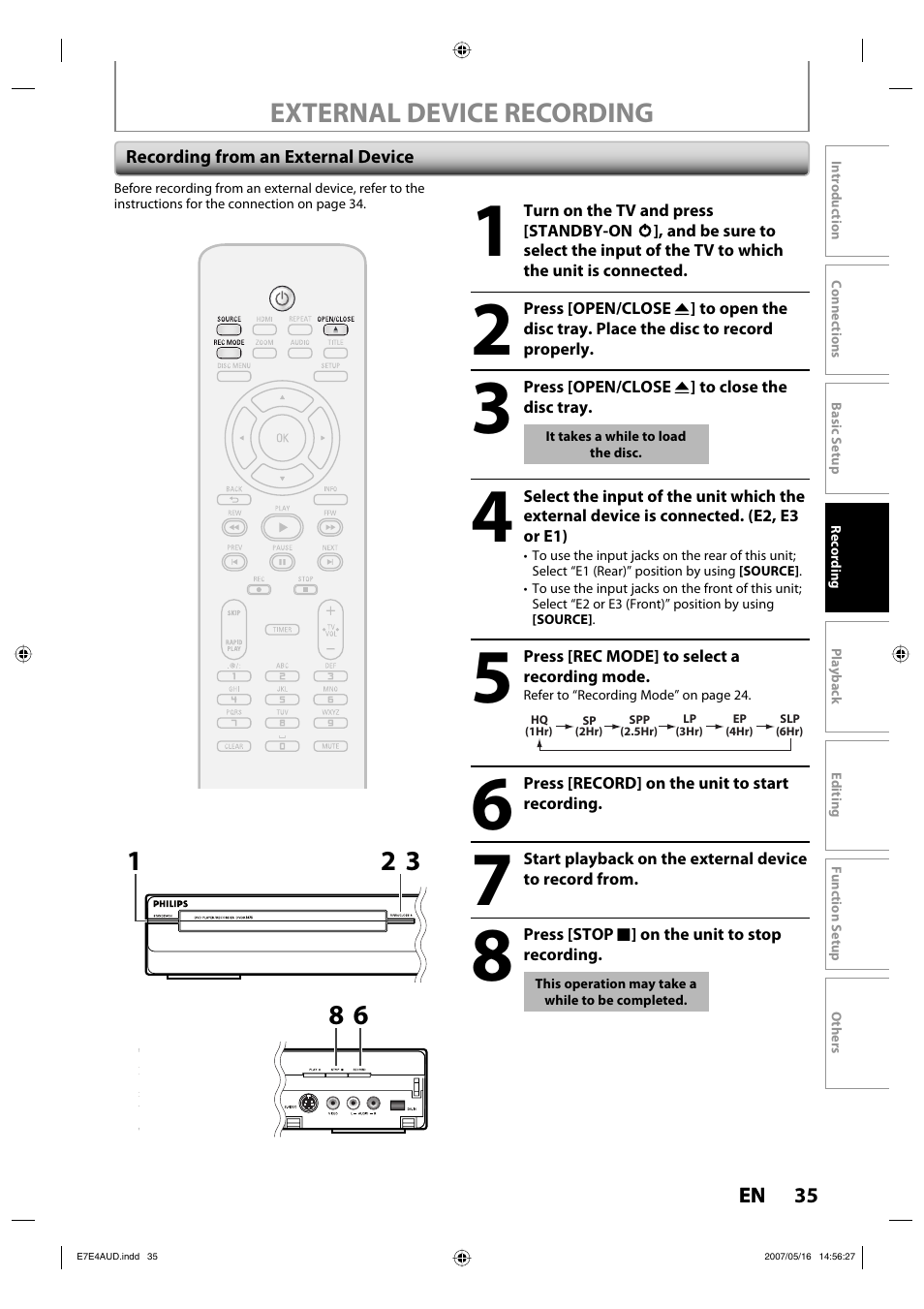External device recording | Philips DVDR3475-37 User Manual | Page 35 / 96