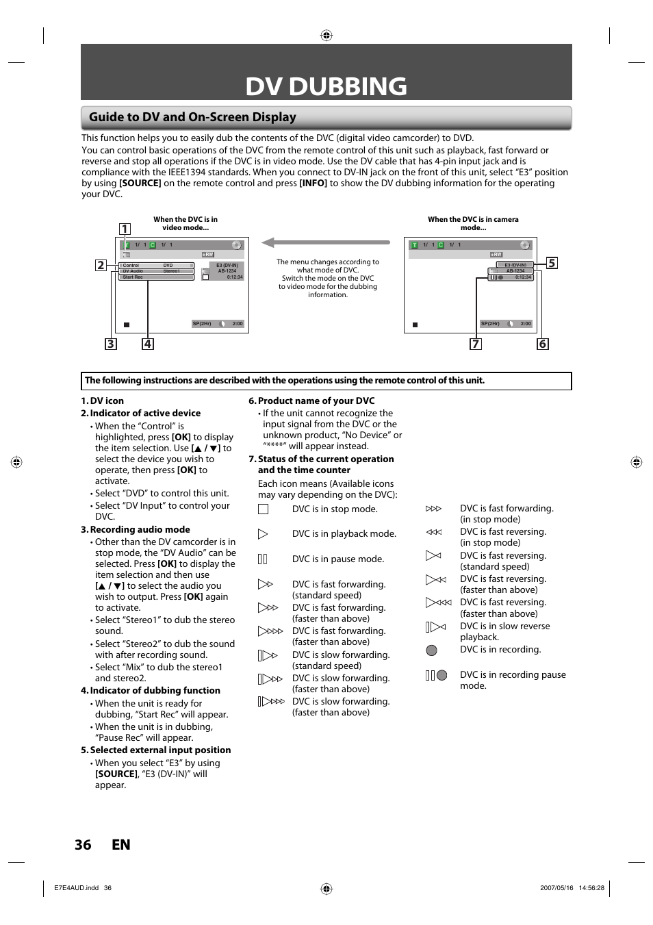 Dv dubbing, 36 en 36 en, Guide to dv and on-screen display | Philips DVDR3475-37 User Manual | Page 36 / 96