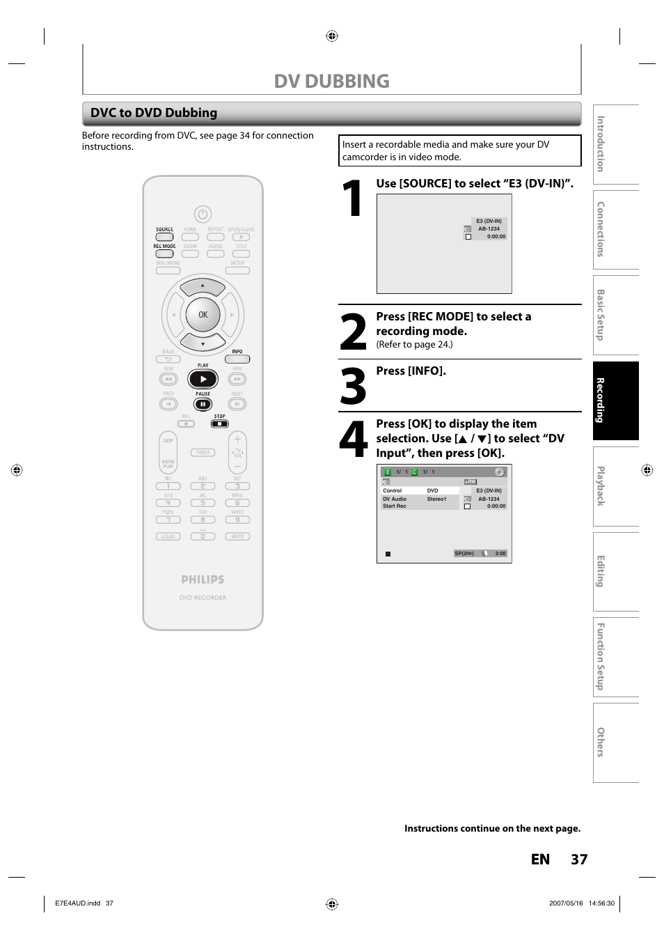 Dv dubbing, 37 en | Philips DVDR3475-37 User Manual | Page 37 / 96