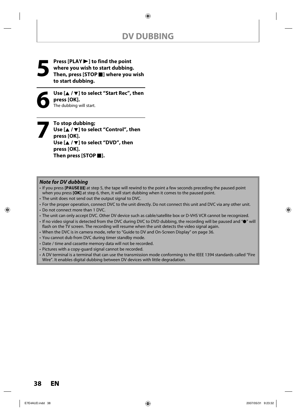 Dv dubbing | Philips DVDR3475-37 User Manual | Page 38 / 96