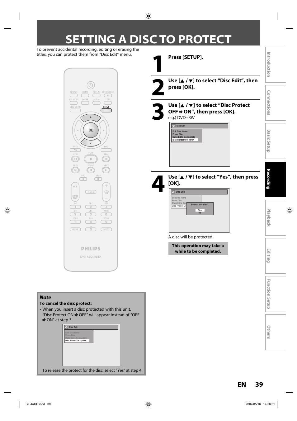 Setting a disc to protect | Philips DVDR3475-37 User Manual | Page 39 / 96