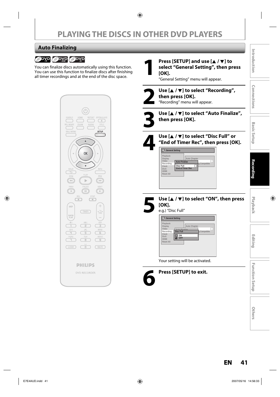 Playing the discs in other dvd players | Philips DVDR3475-37 User Manual | Page 41 / 96