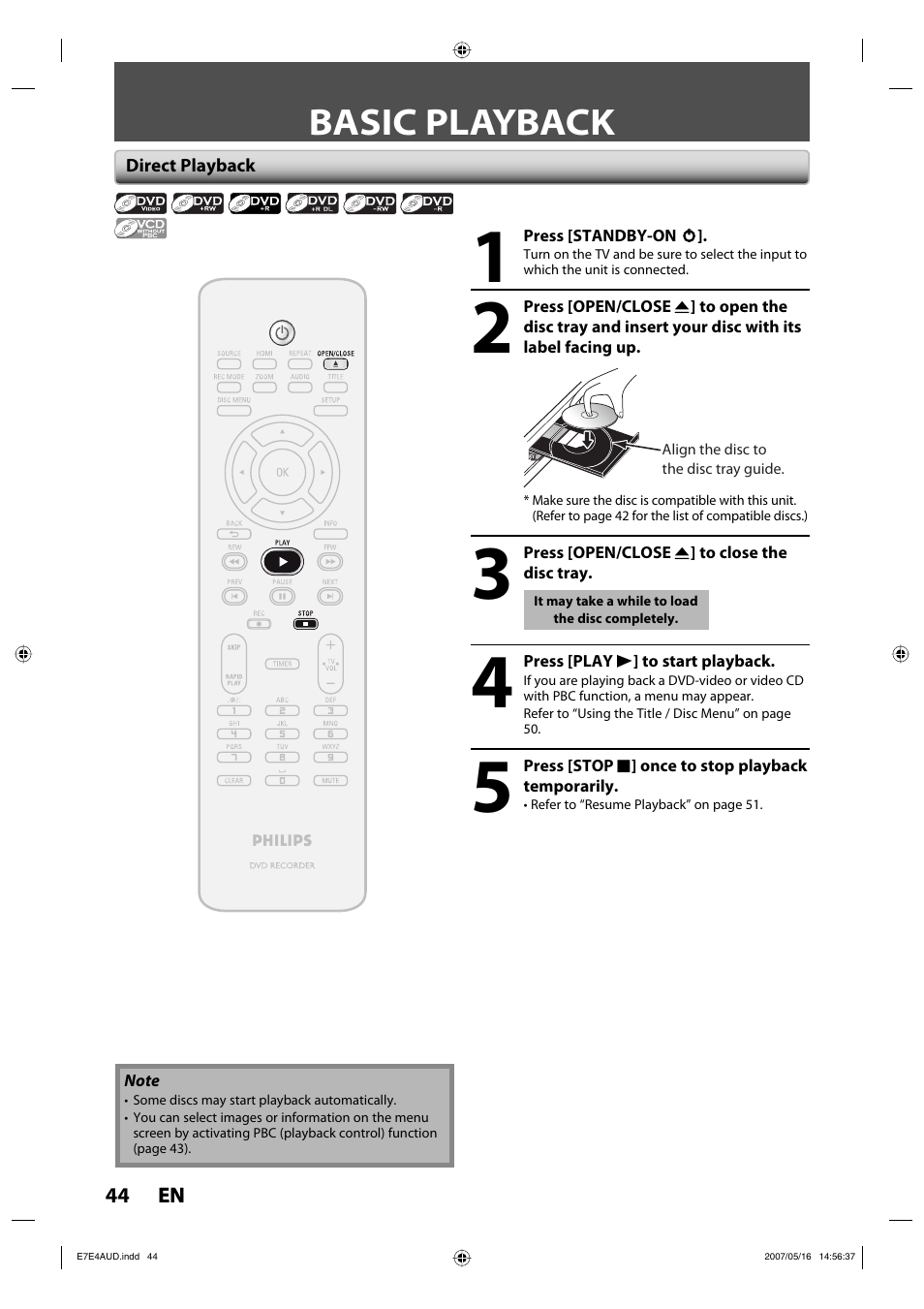 Basic playback | Philips DVDR3475-37 User Manual | Page 44 / 96