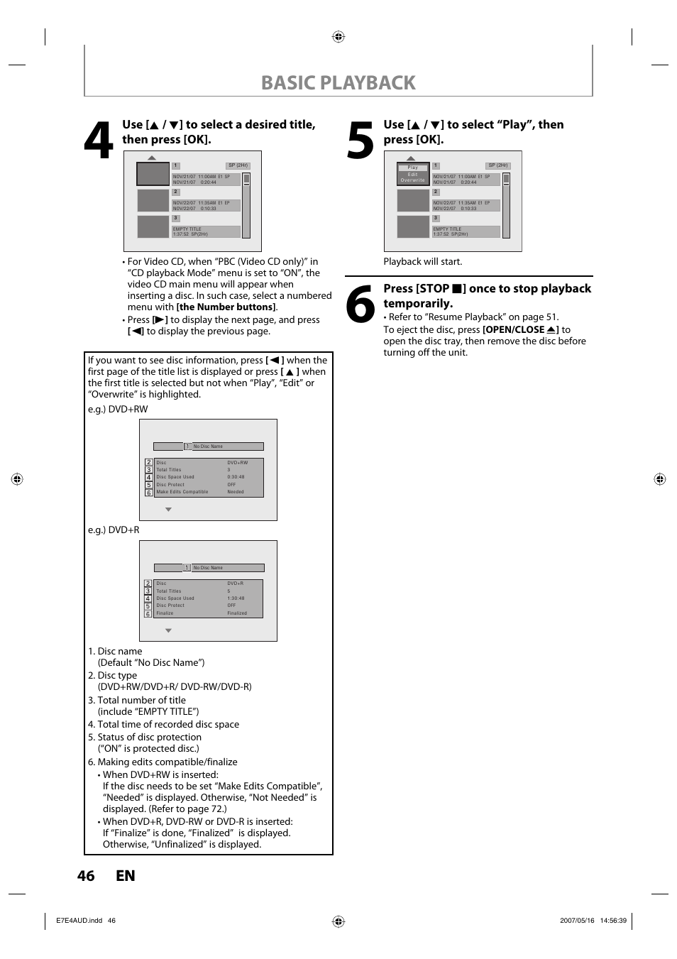 Basic playback, 46 en 46 en, Use [ k / l ] to select “play”, then press [ok | Press [stop c ] once to stop playback temporarily | Philips DVDR3475-37 User Manual | Page 46 / 96
