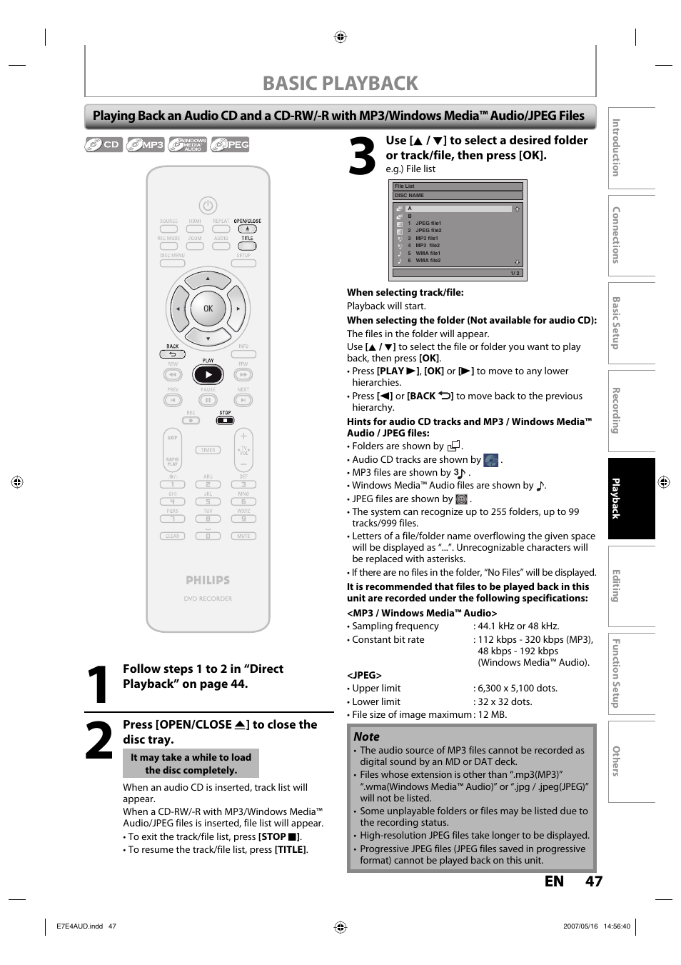 Basic playback, 47 en | Philips DVDR3475-37 User Manual | Page 47 / 96