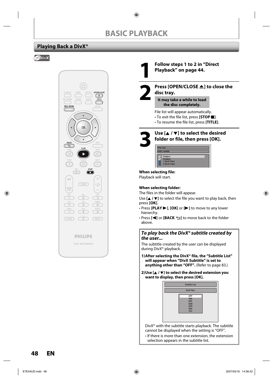 Basic playback, 48 en 48 en | Philips DVDR3475-37 User Manual | Page 48 / 96